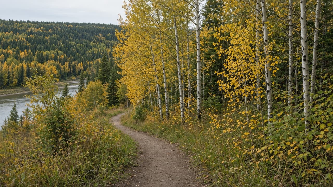 The North Saskatchewan river valley in early autumn, with aspen trees and an empty footpath.