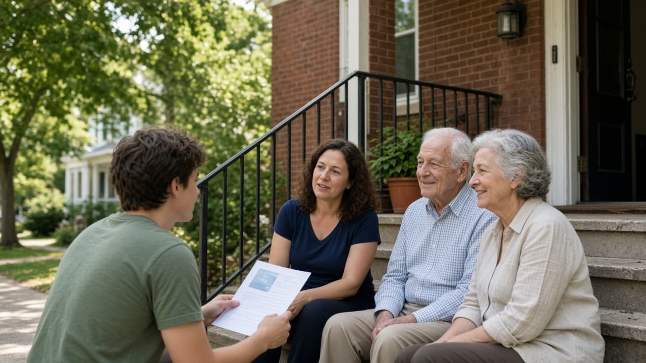 Adults of different ages talk with a younger person on the front steps of a house. The younger person holds a community-centre flyer.