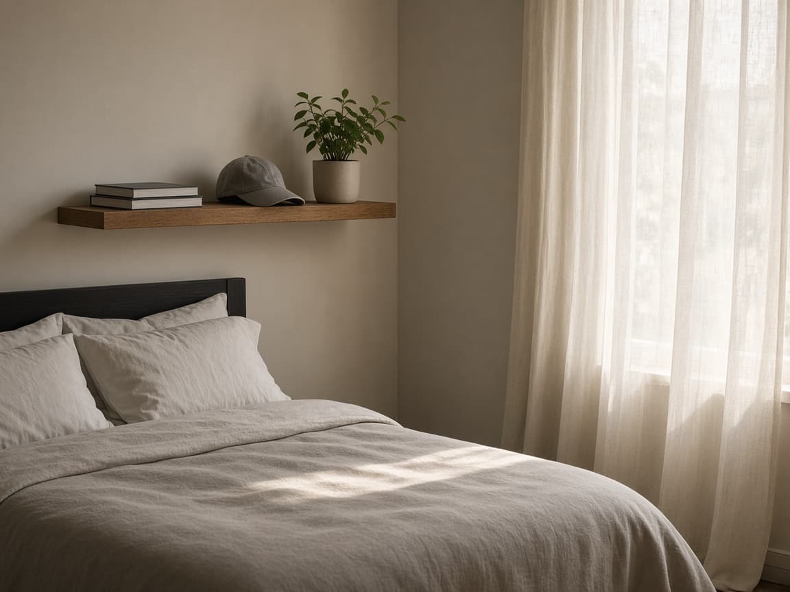 A made bed beside a shelf with a few books, a cap, and a plant. Daylight comes through a curtain. No people are in the room.