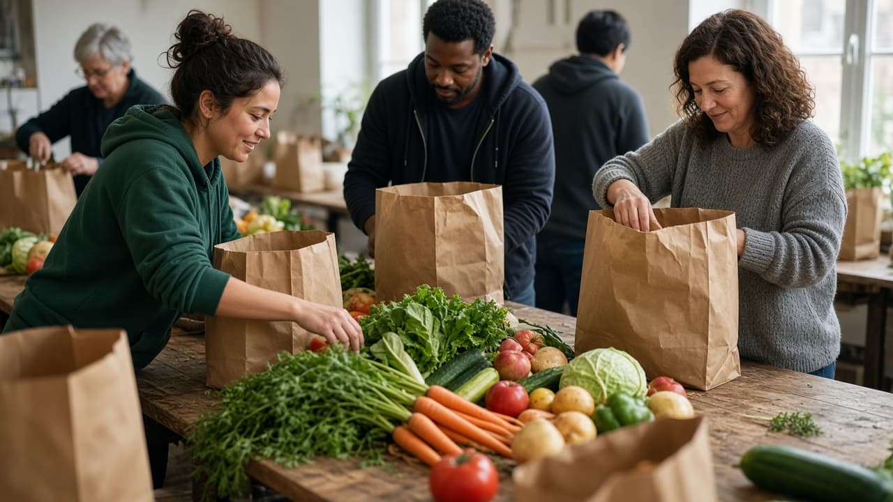 People sort fresh food into ordinary grocery bags on a community table in natural light. No logos are visible.